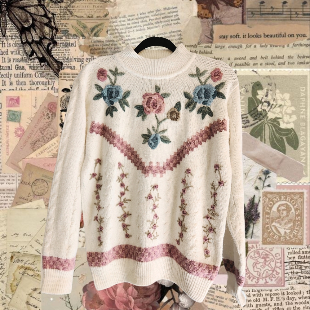 Alfred Dunner Floral Embroidered Sweater - Cream and Pink